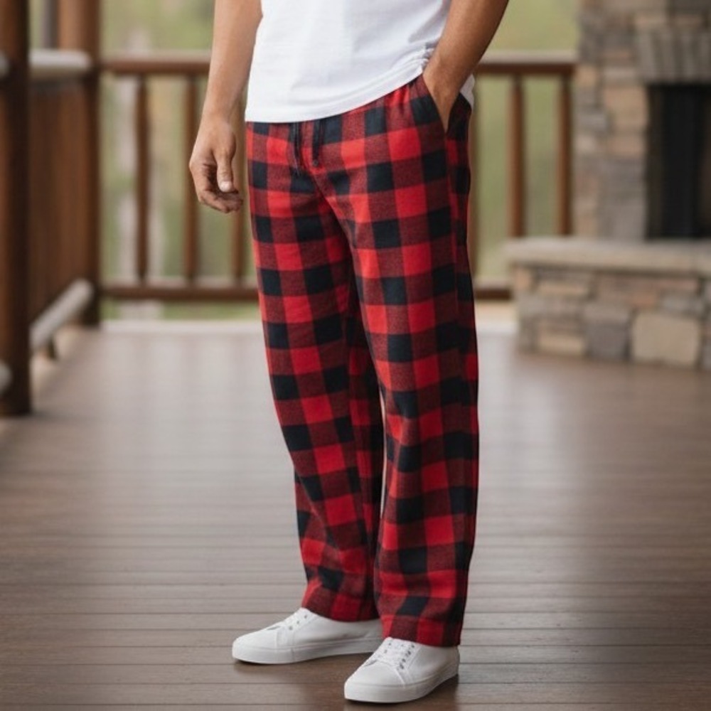 USBD Pajama Pants Mens XXL Red Black Buffalo Plaid Cotton Flannel Lounge Sleep